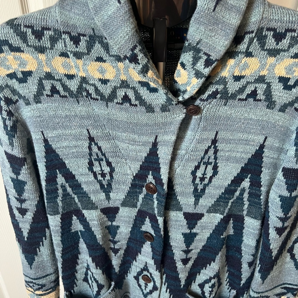 Polo Ralph Lauren Women’s Medium Blue Indigo Aztec Print 100% Cotton Cardigan - Picture 4 of 7